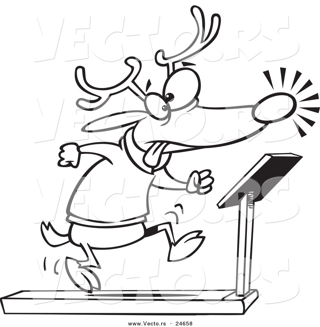 R of a cartoon christmas reindeer running on a treadmill