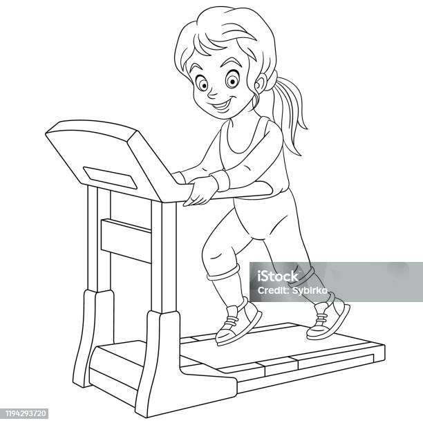 Coloring page of cartoon girl running on treadmill stock illustration