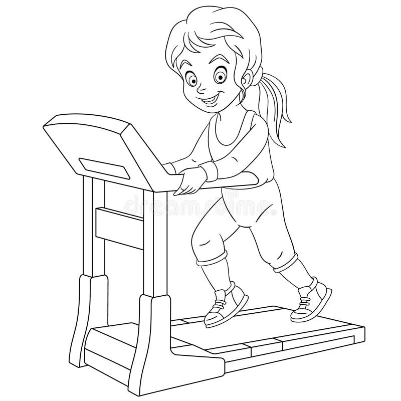 Coloring page with girl running on treadmill stock vector