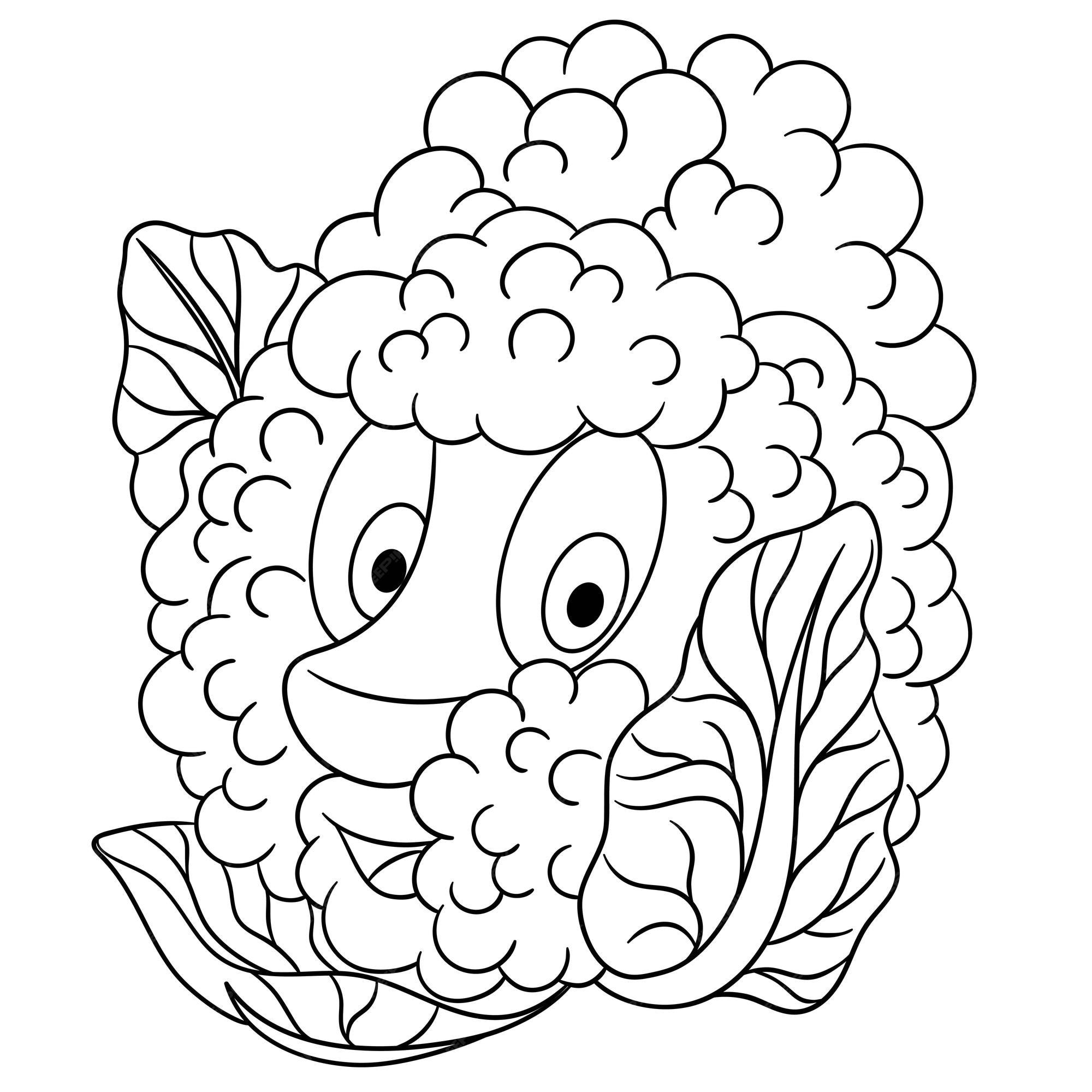 Premium vector cute cauliflower cartoon funny food emoji face kids coloring page