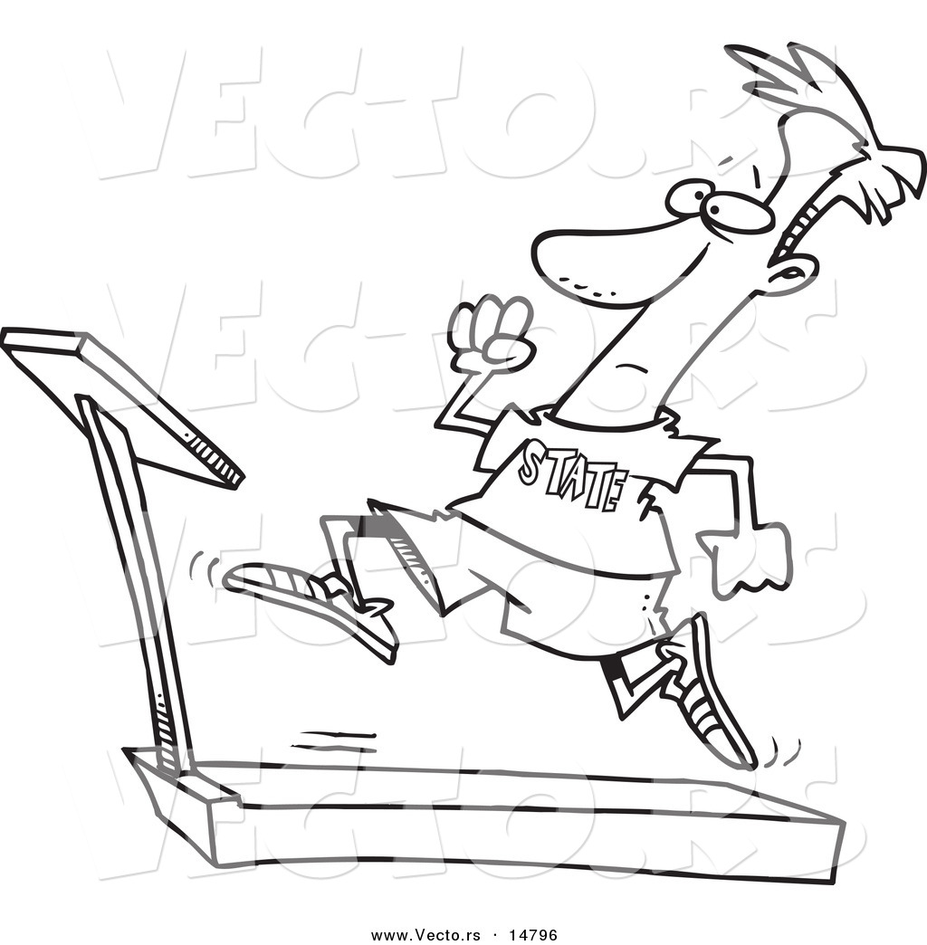 R of a cartoon man sprinting on a treadmill