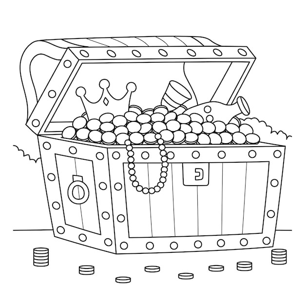 Premium vector big treasure chest coloring page for kids