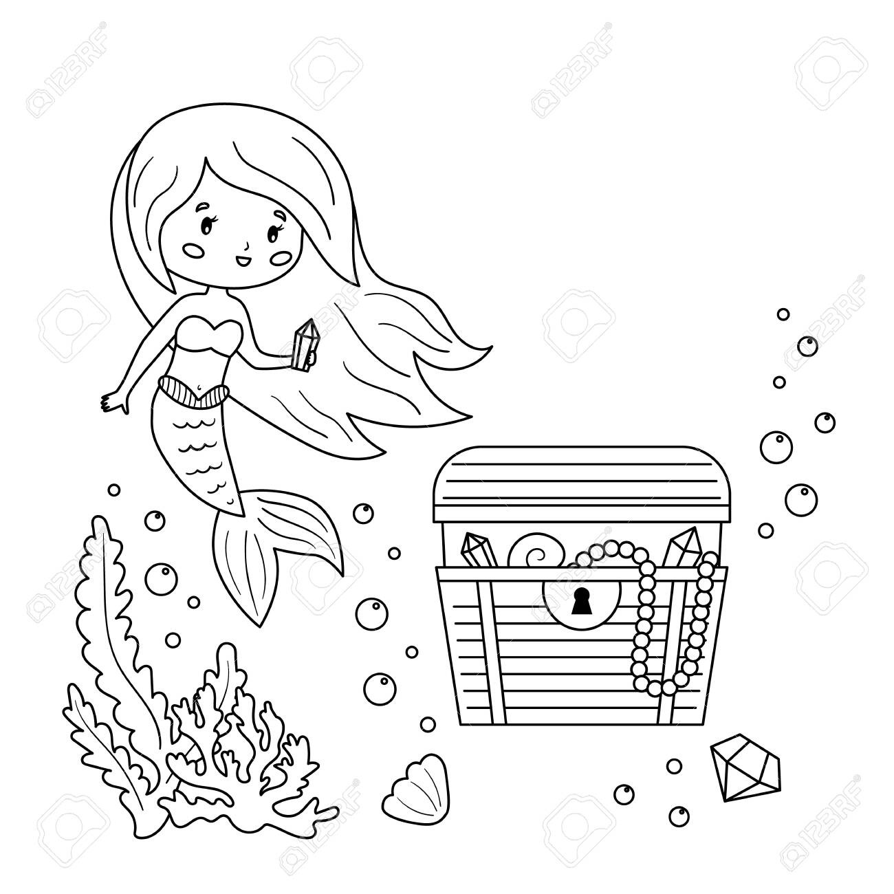 Coloring page for children cute cartoon mermaid with underwater treasure chest vector kawaii character royalty free svg cliparts vectors and stock illustration image