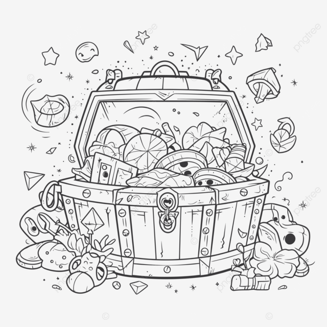 Treasure chest coloring page doodle for adults with objects in it and illustrations set outline sketch drawing vector wing drawing rat drawing ring drawing png and vector with transparent background for free