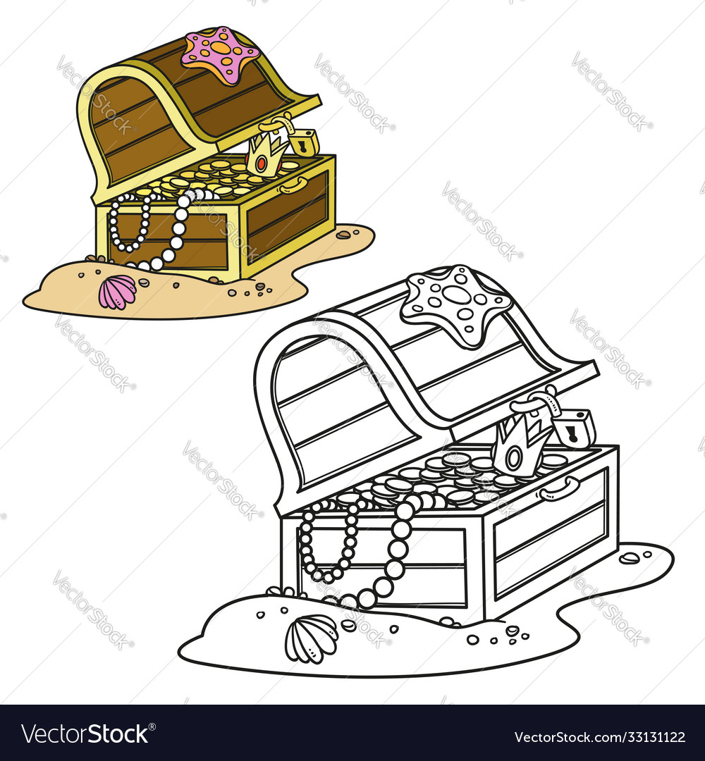 Open treasure chest at bottom coloring book vector image