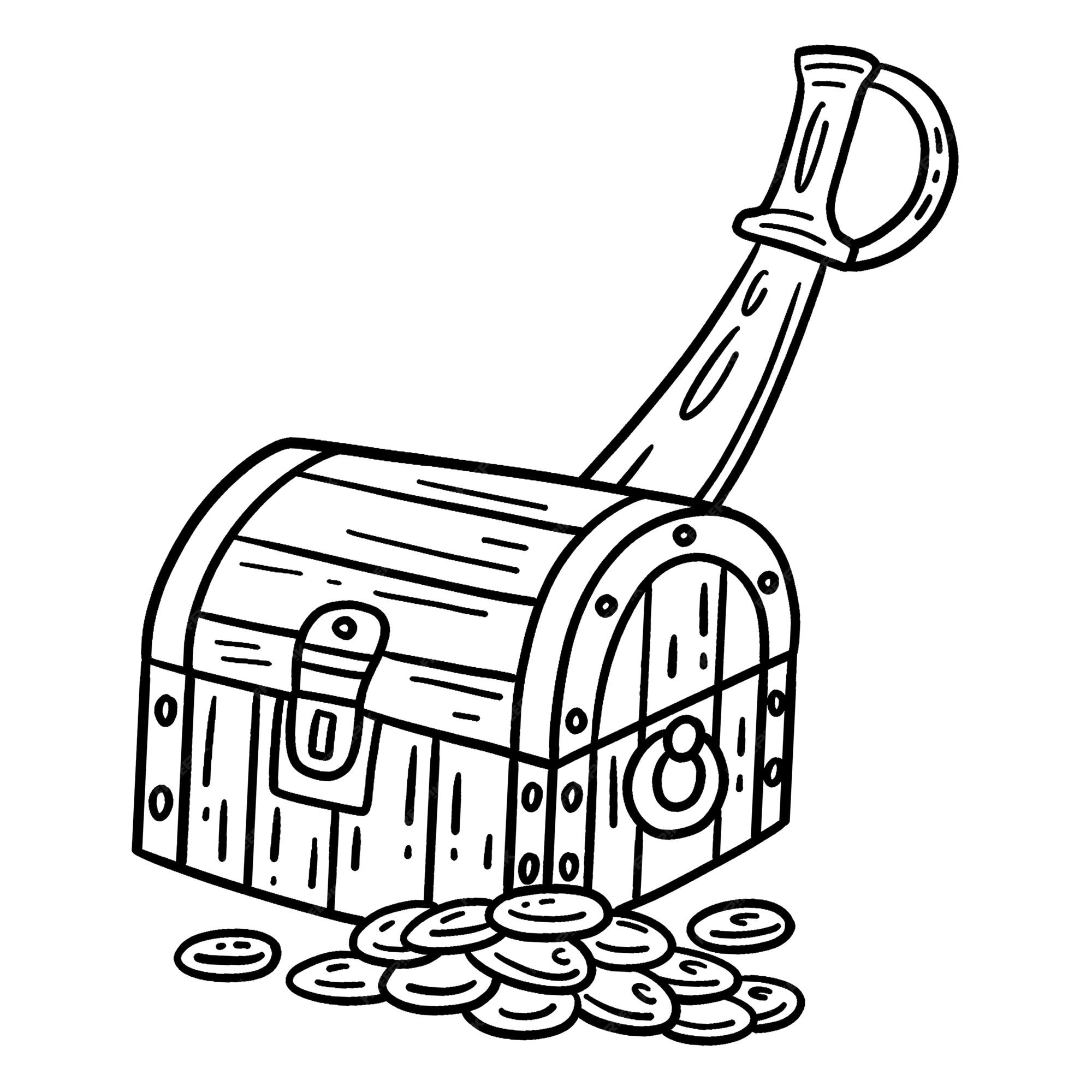 Premium vector a cute and funny coloring page of a pirate treasure chests and cutlass provides hours of coloring fun for children color this page is very easy suitable for little