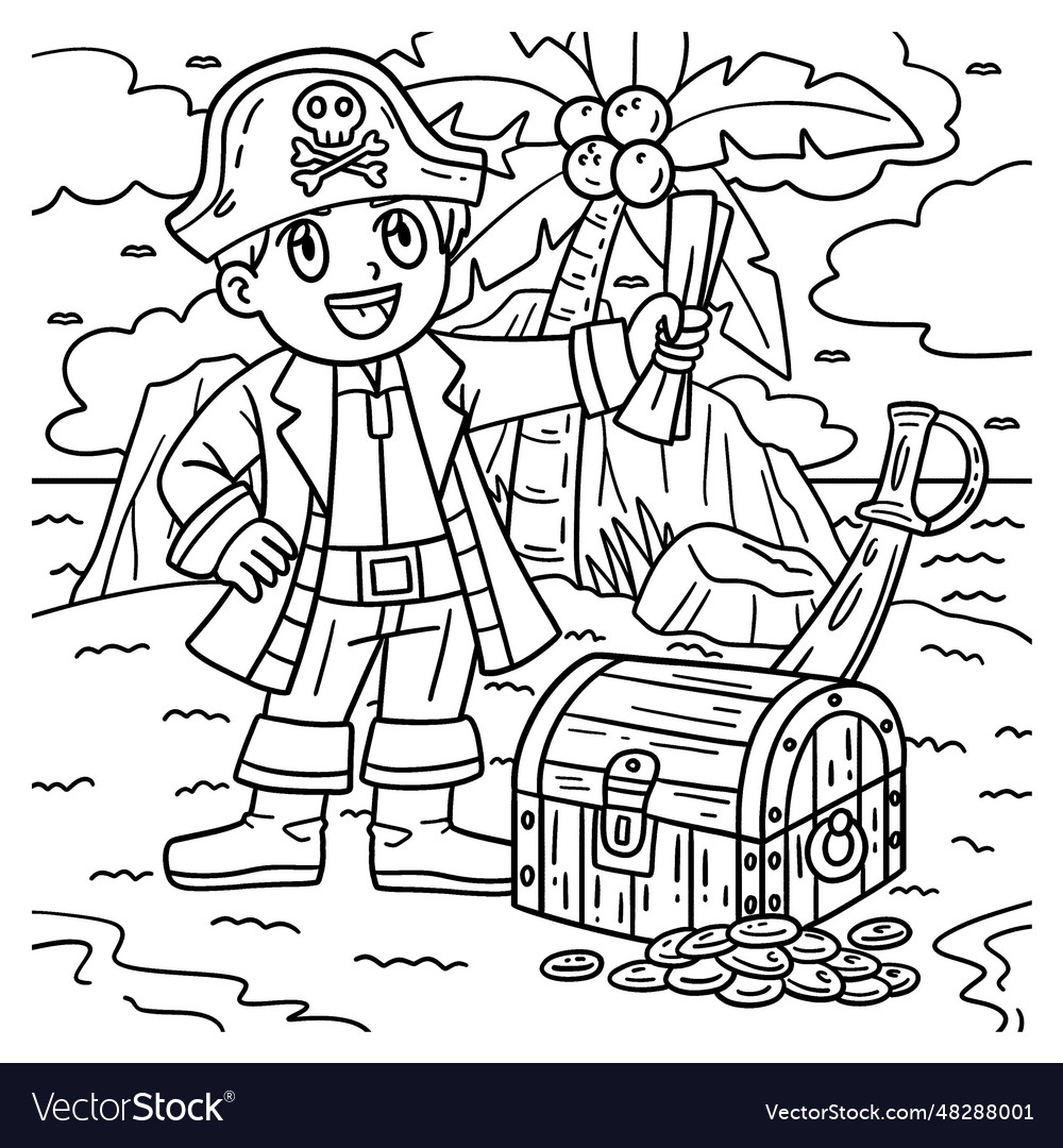 Pirate and treasure chest coloring page for kids vector image
