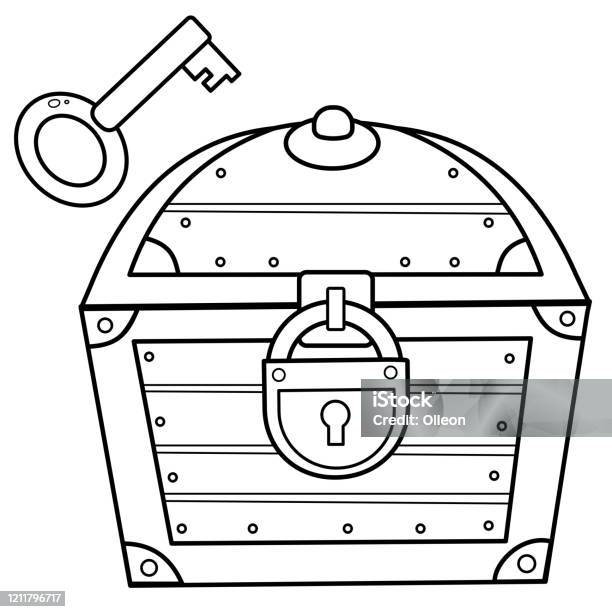 Coloring page outline of cartoon treasure chest with key closed coffer with lock decorative element for pirate party for kids coloring book for kids stock illustration
