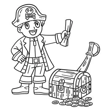 Pirate and treasure chest isolated coloring page illustration