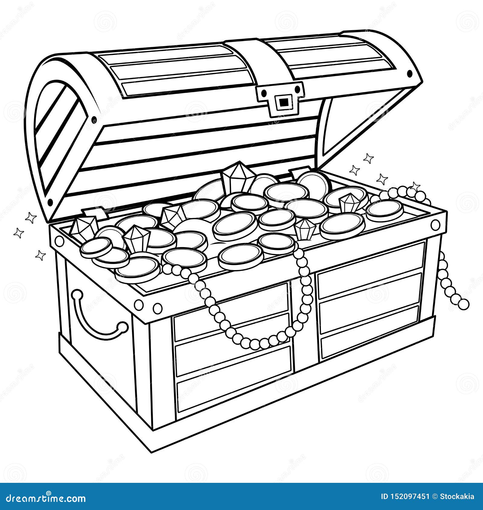 Treasure chest filled with gold treasure gold coins diamonds pearls and jewelry vector black and white coloring page stock vector