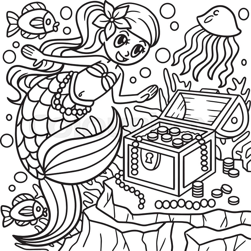 Mermaid with treasure box coloring page stock vector