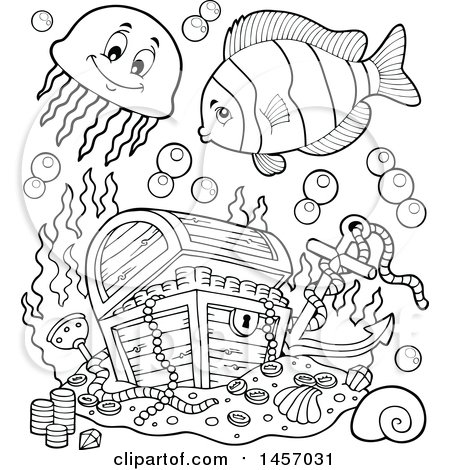 Clipart of a black and white sunken treasure chest and fish