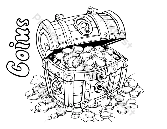 Coloring page of a treasure chest with coins for children png images eps free download