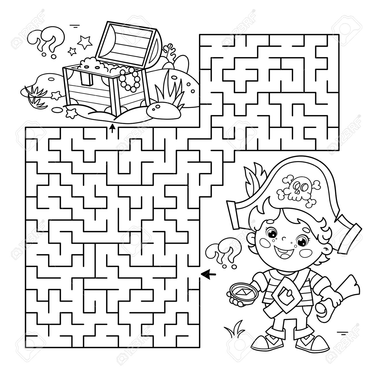Maze or labyrinth game puzzle coloring page outline of cartoon little pirate with treasure chest coloring book for kids royalty free svg cliparts vectors and stock illustration image