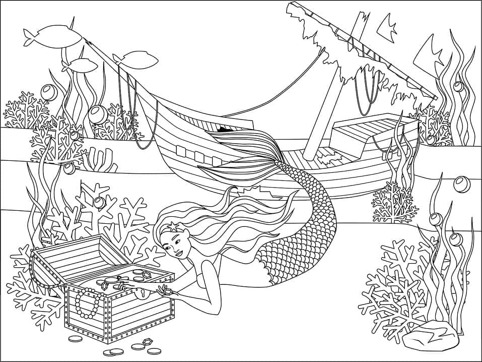 Mermaid and treasure chest coloring page