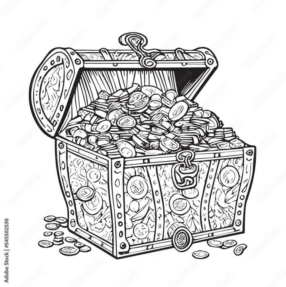 Coloring book style pirates treasure chest full of golden coins vector