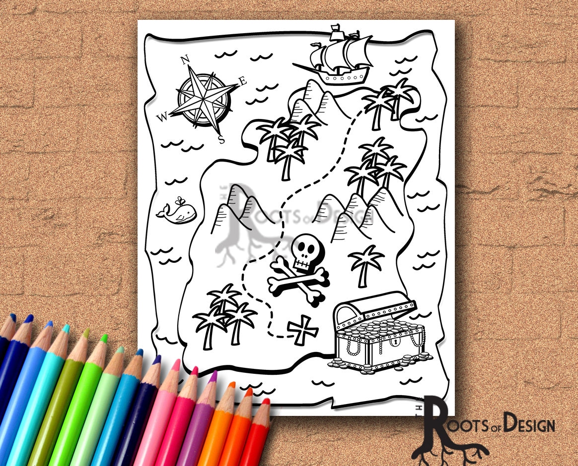 Instant download coloring page treasure map art printable
