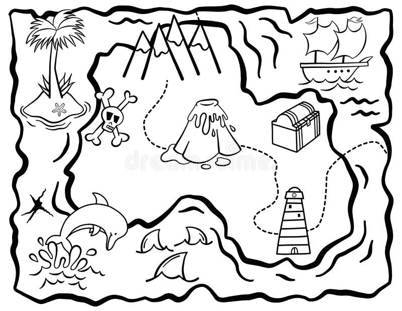 Kids treasure map activity coloring page stock vector
