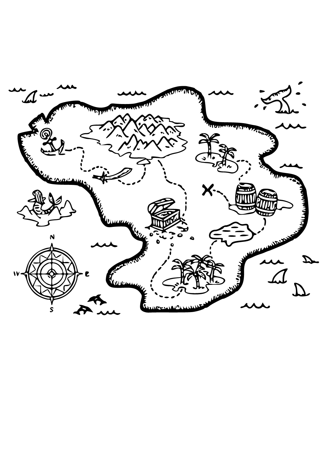 Free printable treasure map island coloring page for adults and kids