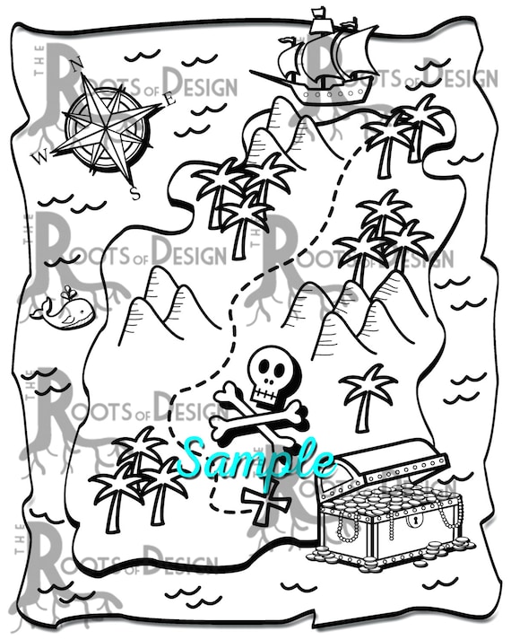 Instant download coloring page treasure map art printable