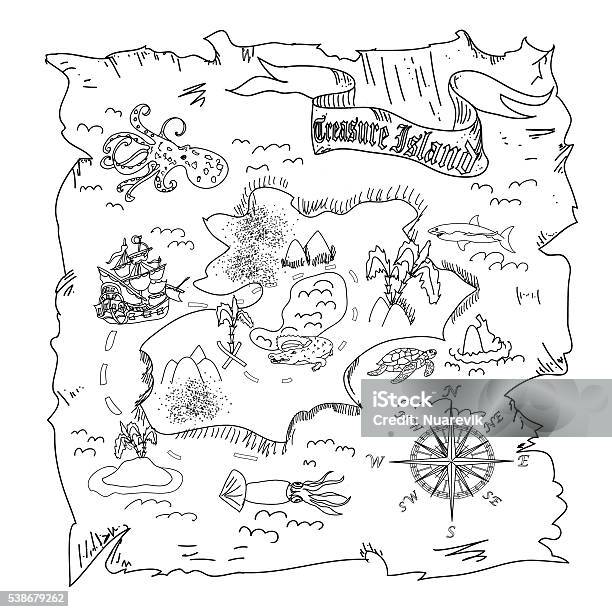 Treasure island map kids coloring page stock illustration