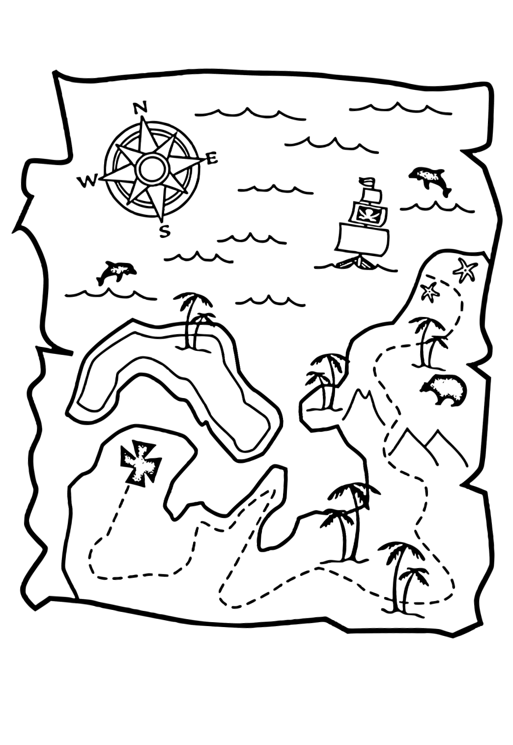 Free printable treasure map sea coloring page for adults and kids