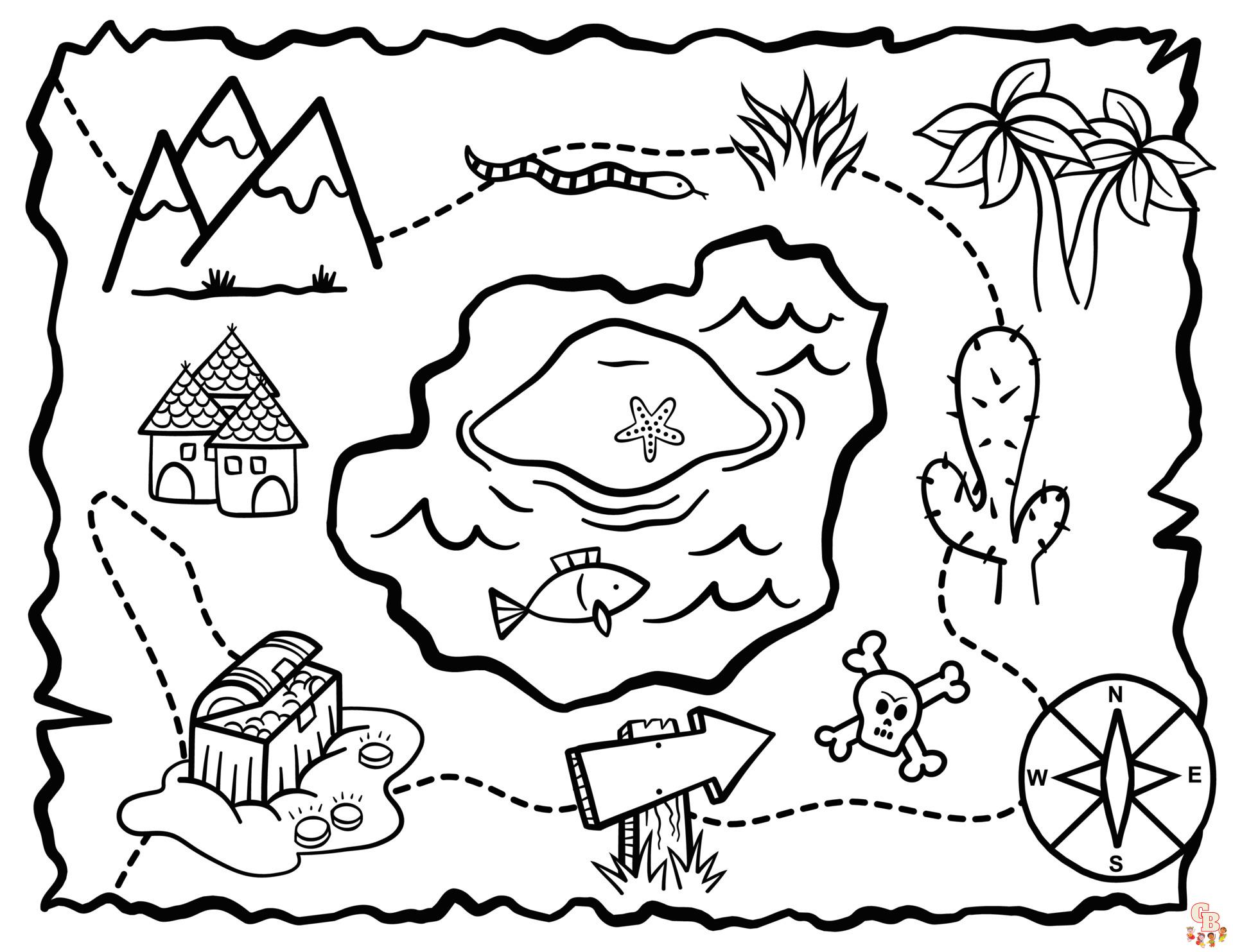 Fun and creative treasure map coloring pages for kids and adults alike