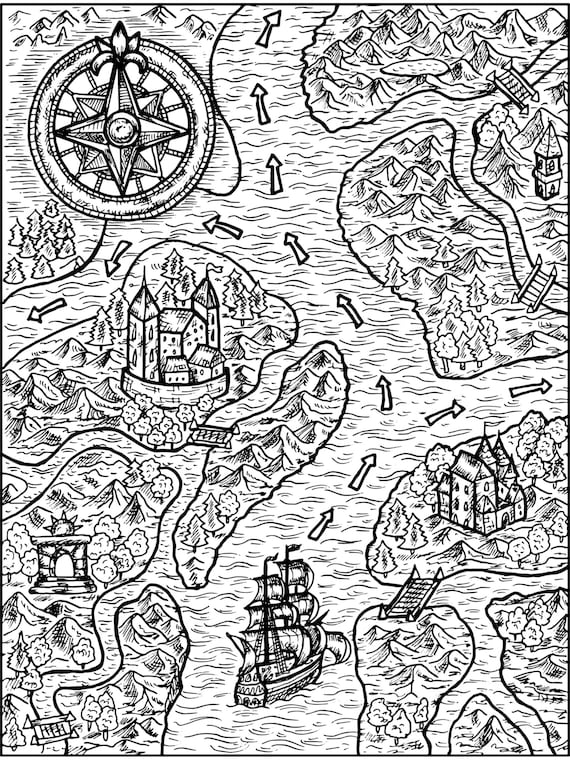 Pirate treasure map coloring page printable adult coloring book page pirate coloring book page nautical coloring page