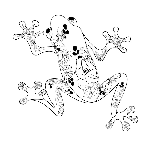 Premium vector tree frog silhouette decorated with flowers original print coloring book for adults