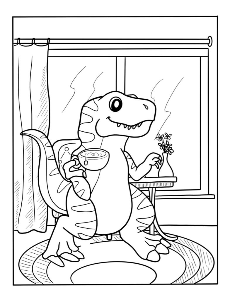 Get a funny coloring page for free tea drinking t rex dinosaur picture