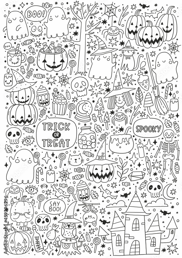 Trick or treat coloring page halloween coloring page for kids cartoon big coloring poster in doodle style cute witch ghost castle pumpkin bat zombie mummy cat vector
