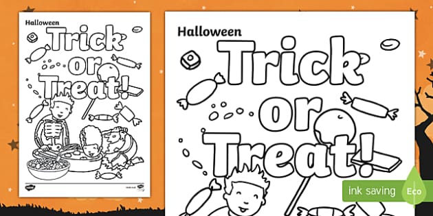 Trick or treat colouring page teaching resources