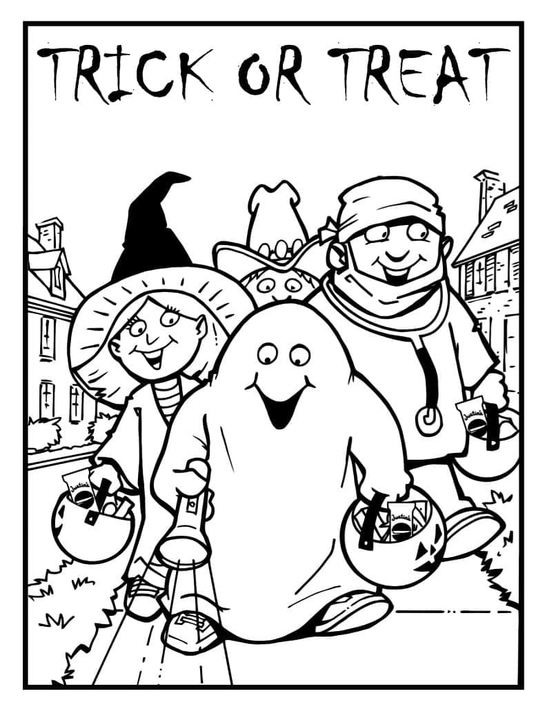 Trick or treat with children coloring page