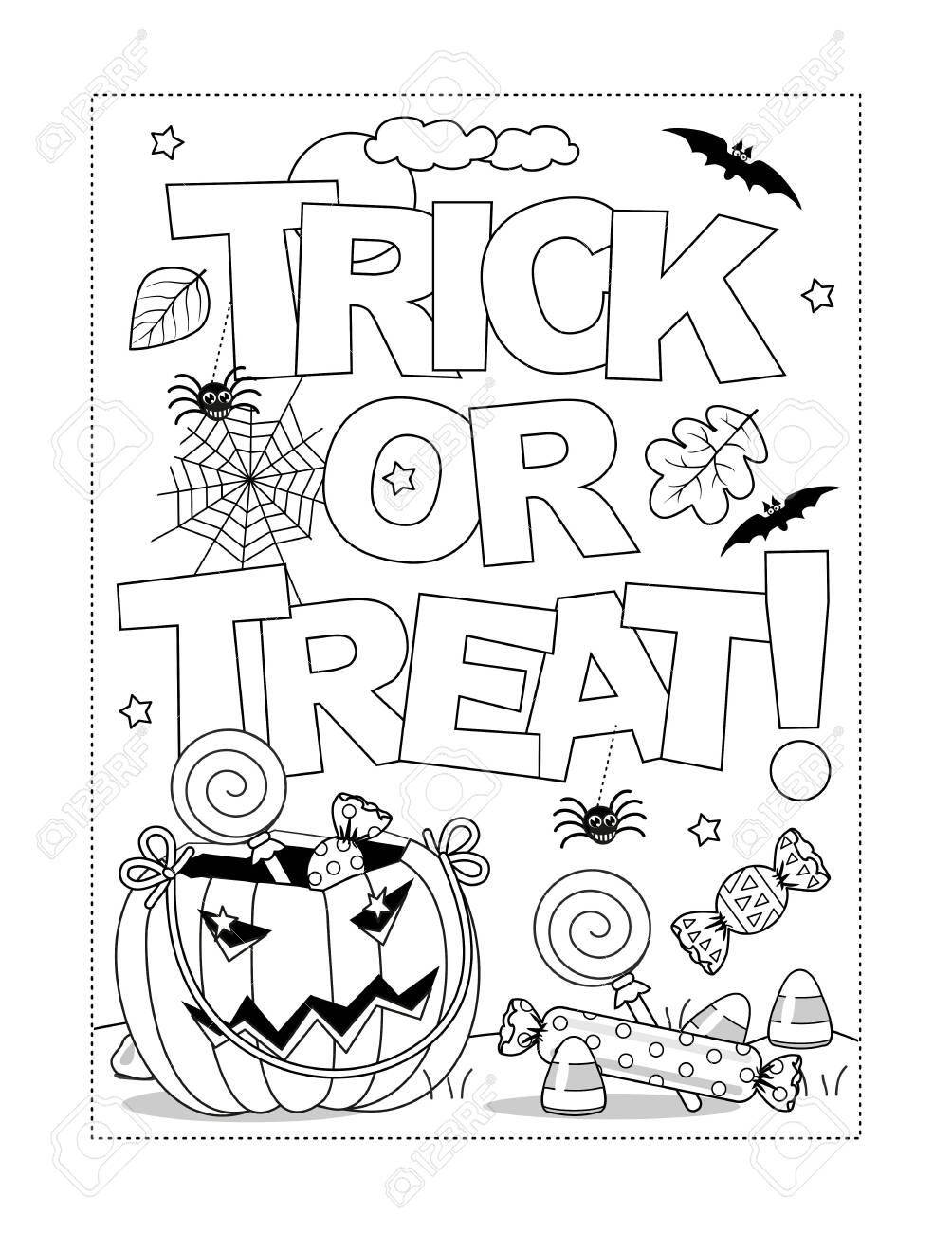 Halloween trick or treat coloring page poster sign or banner black and white activity sheet royalty free svg cliparts vectors and stock illustration image
