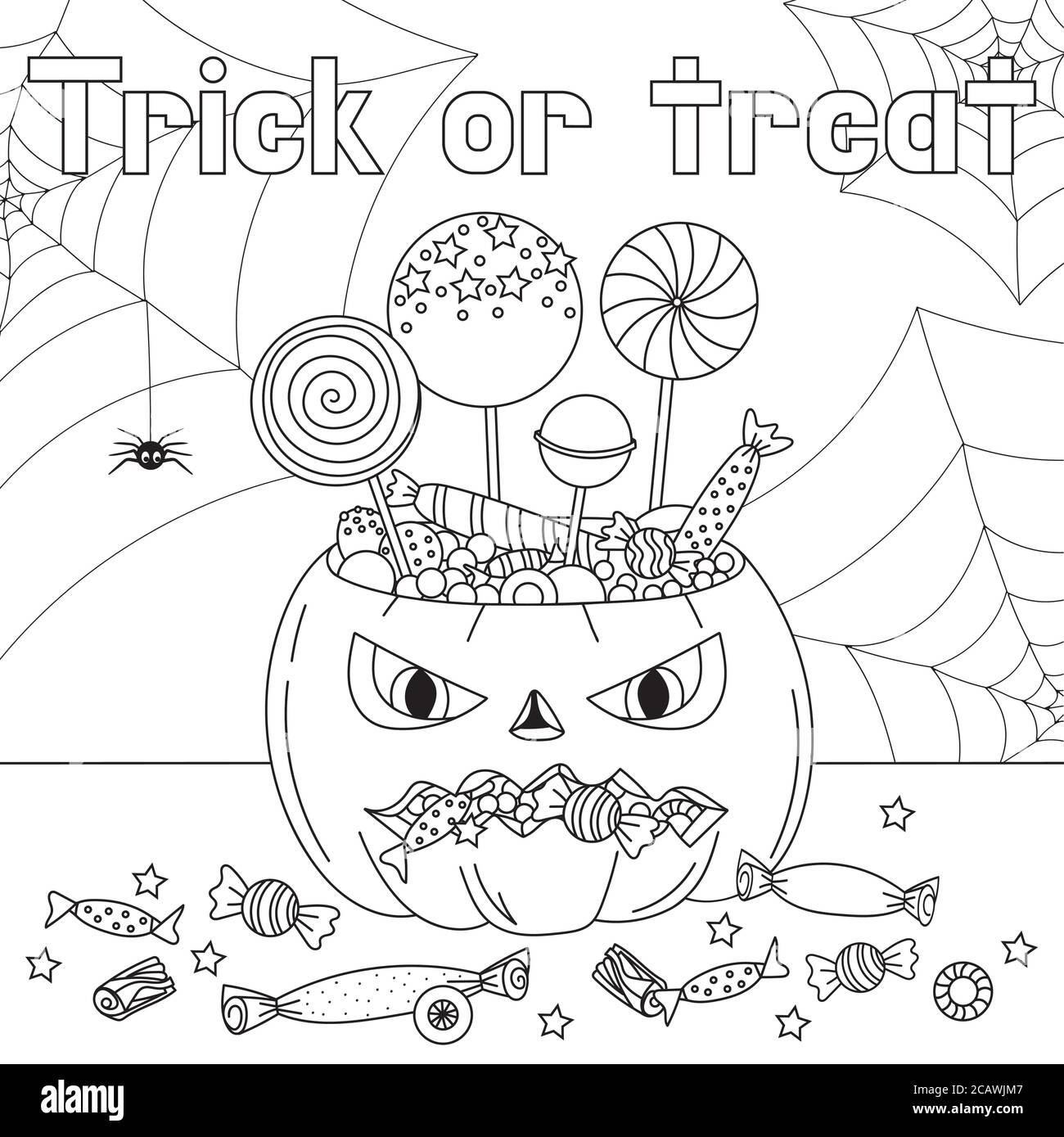 Trick or treat coloring page halloween coloring page for kids cartoon children in halloween costumes cute spider vector illustration stock vector image art