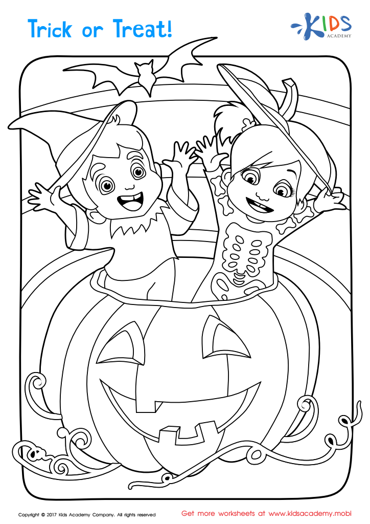 Halloween trick or treat worksheet printable coloring page for kids