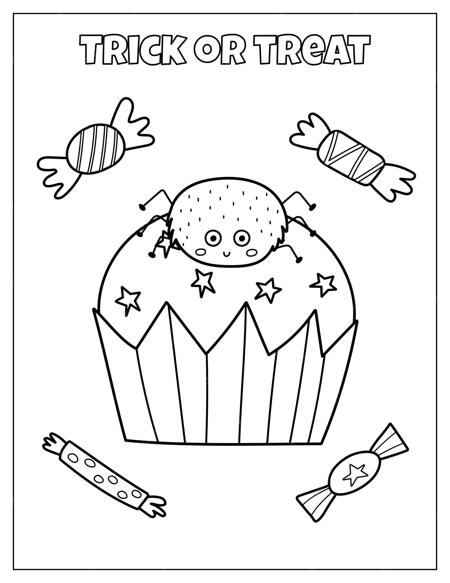 Premium vector trick or treat halloween coloring page with cute spider on cupcake spooky print for coloring book
