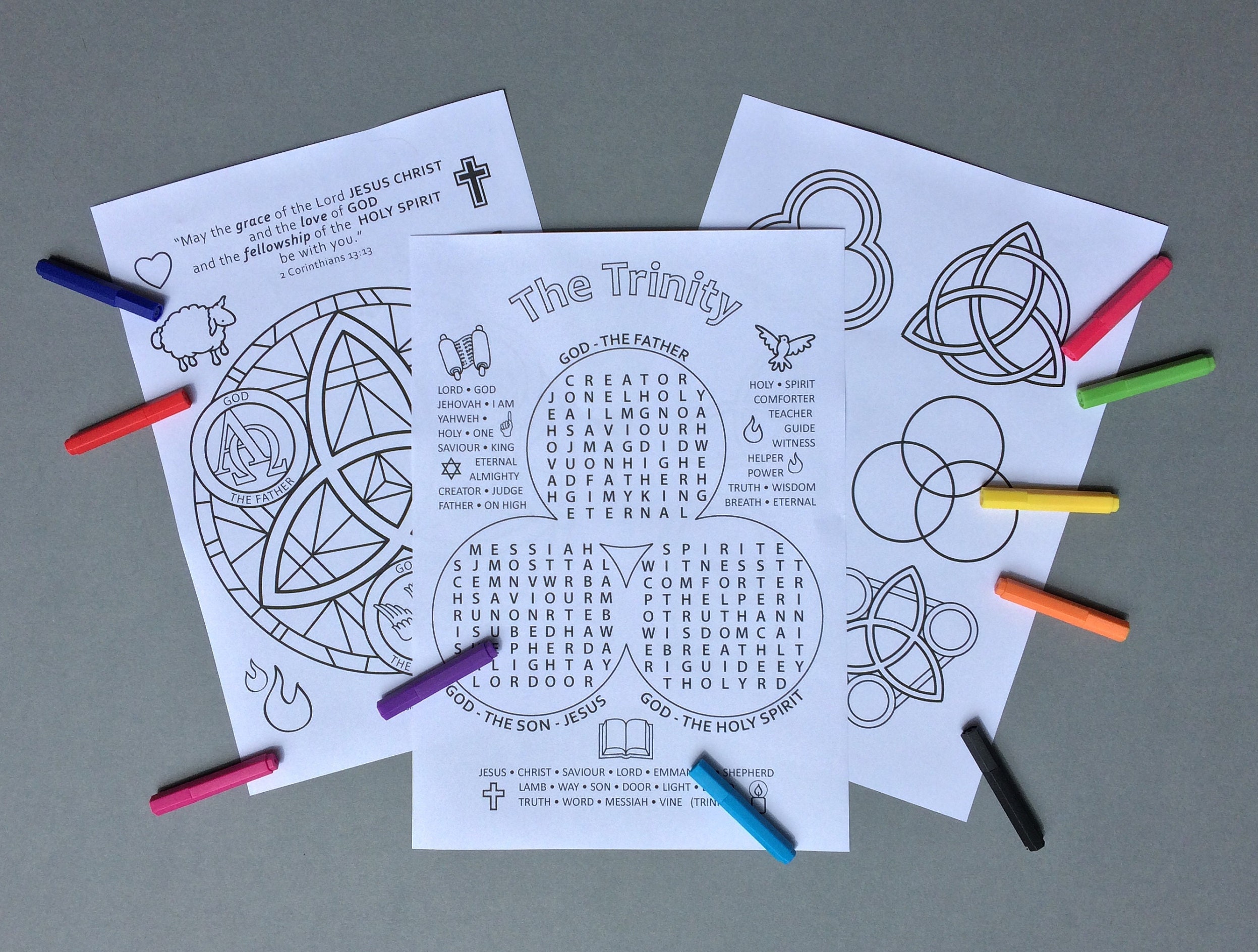 The holy trinity colouring pages and word search