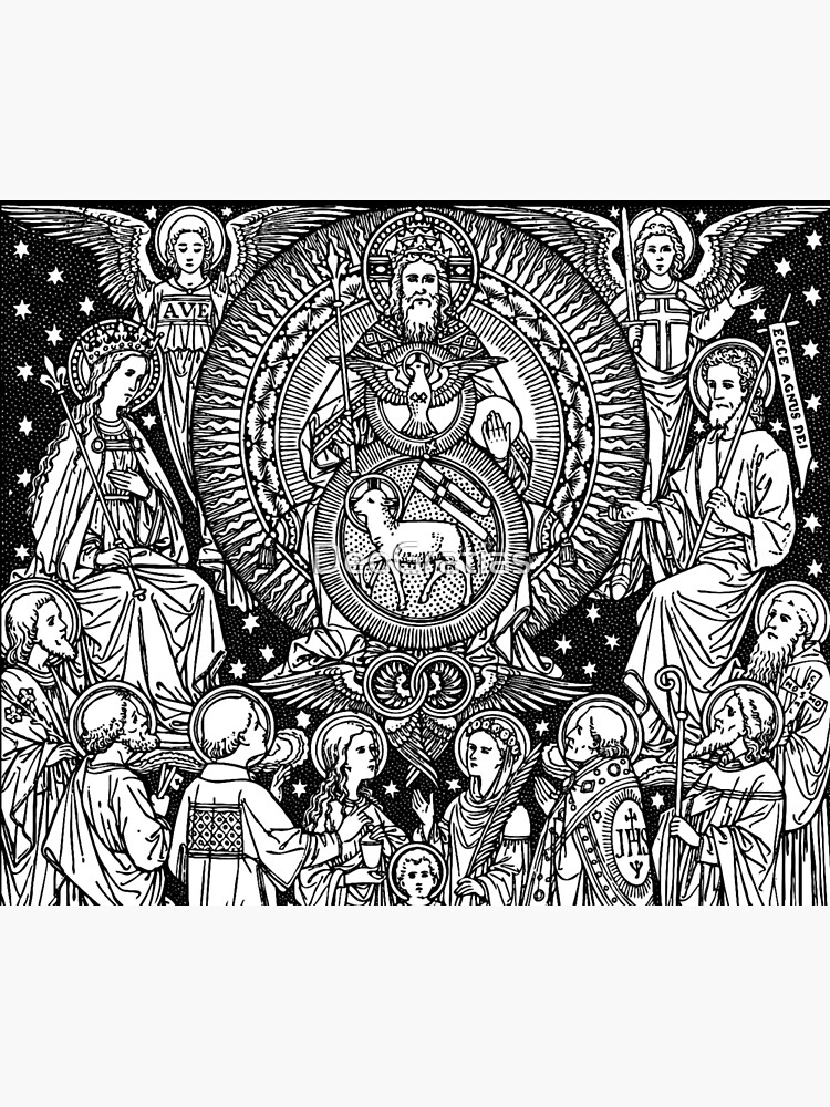 Holy trinity line art black white father son holy spirit saints angels lamb dove tapestry for sale by deogratias