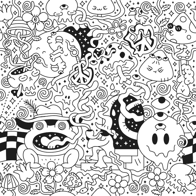 Premium vector psychedelic trippy seamless patternpage for coloring bookmushroommagic wizard smokingvector cartoon character illustrationtrippy ssmagic mushroomacidcannabis seamless pattern art concept