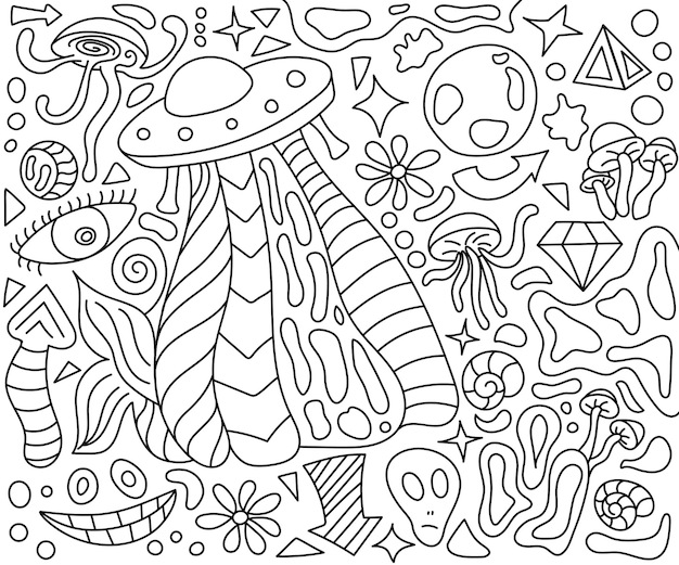 Premium vector psychedelic abstract coloring book space alien ufo mushroom shapes and arrows black outline