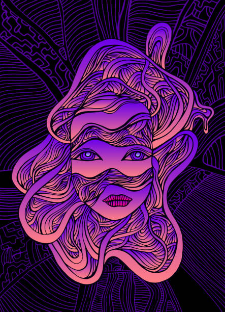Fantastic cyborg girl face in wires bright pink violet gradient color isolated dark purple outline pattern on black background vector creative hand drawn illustration with face android girl stock illustration