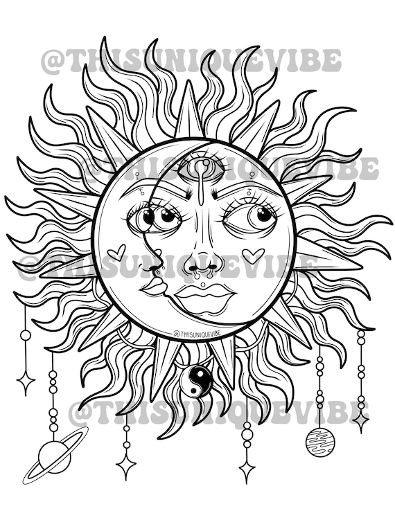 Sun and moon goddess coloring page printable adult coloring page coloring book trippy coloring page trippy art hippie coloring page