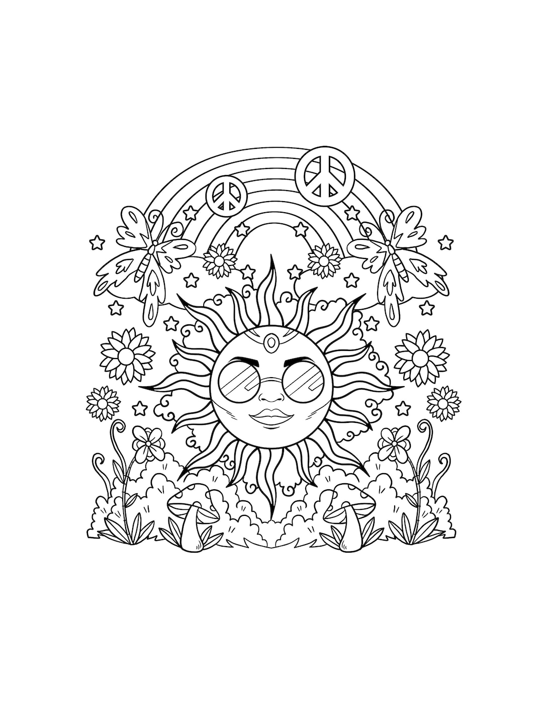 Hippie sun printable coloring pages digital download trippy coloring book