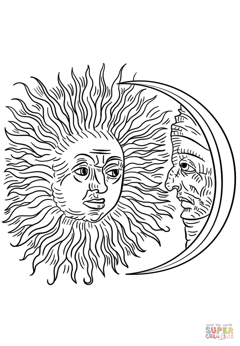 Vintage sun and moon coloring page free printable coloring pages
