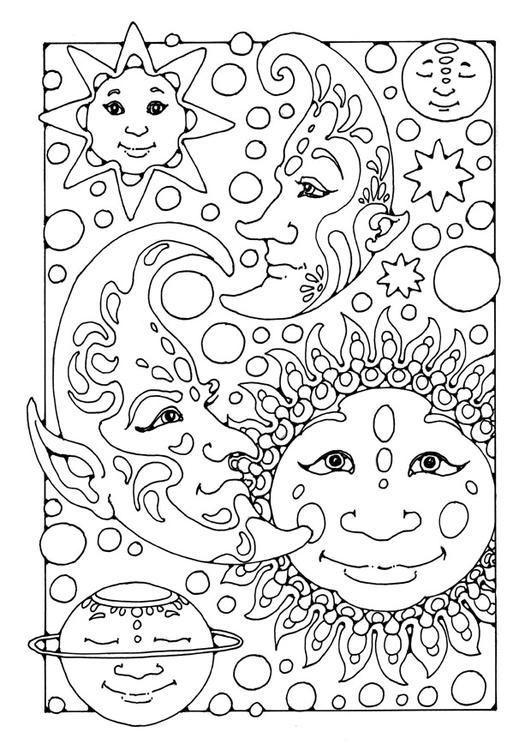Coloring page sun moon and stars