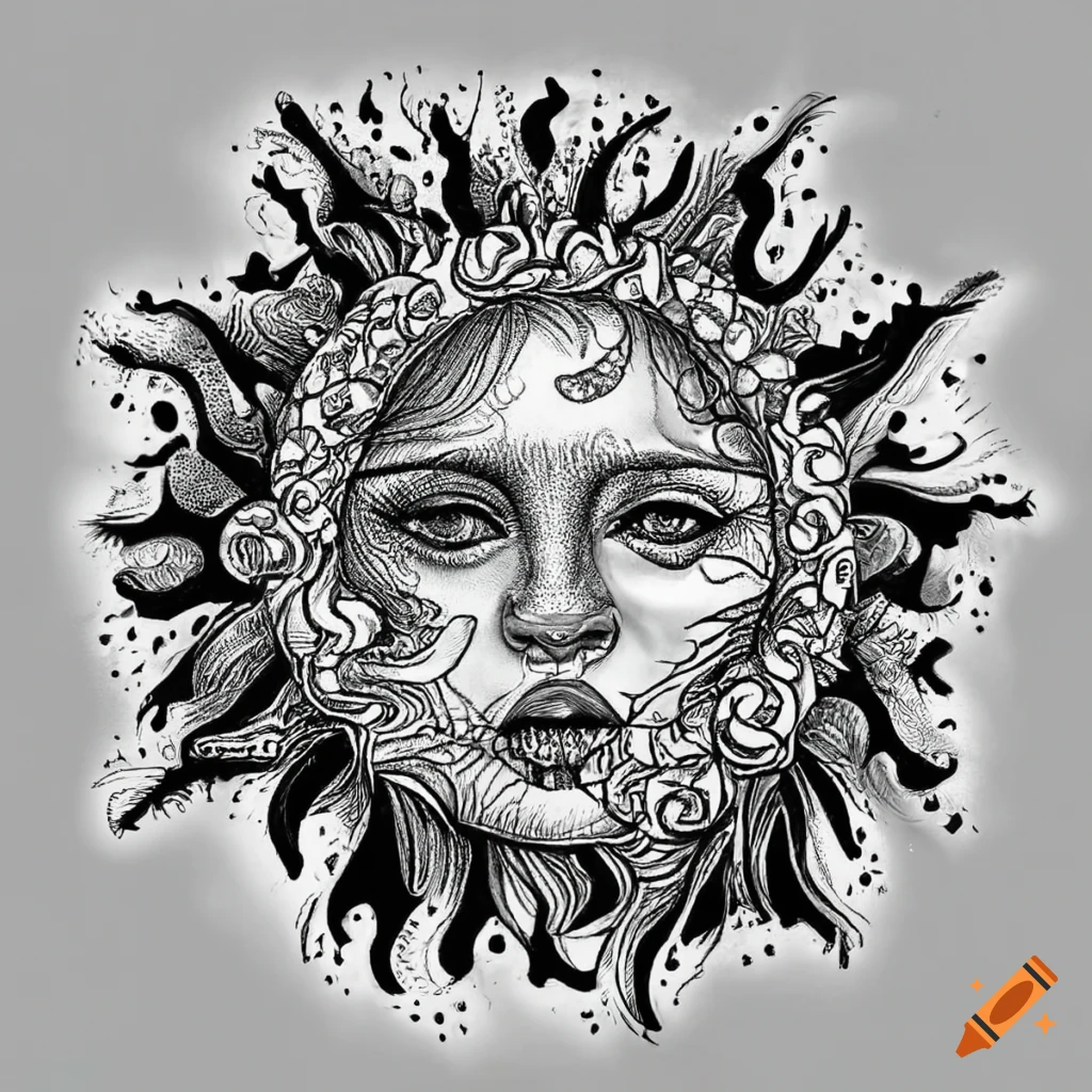 Psychedelic sun and moon coloring page in black and white on