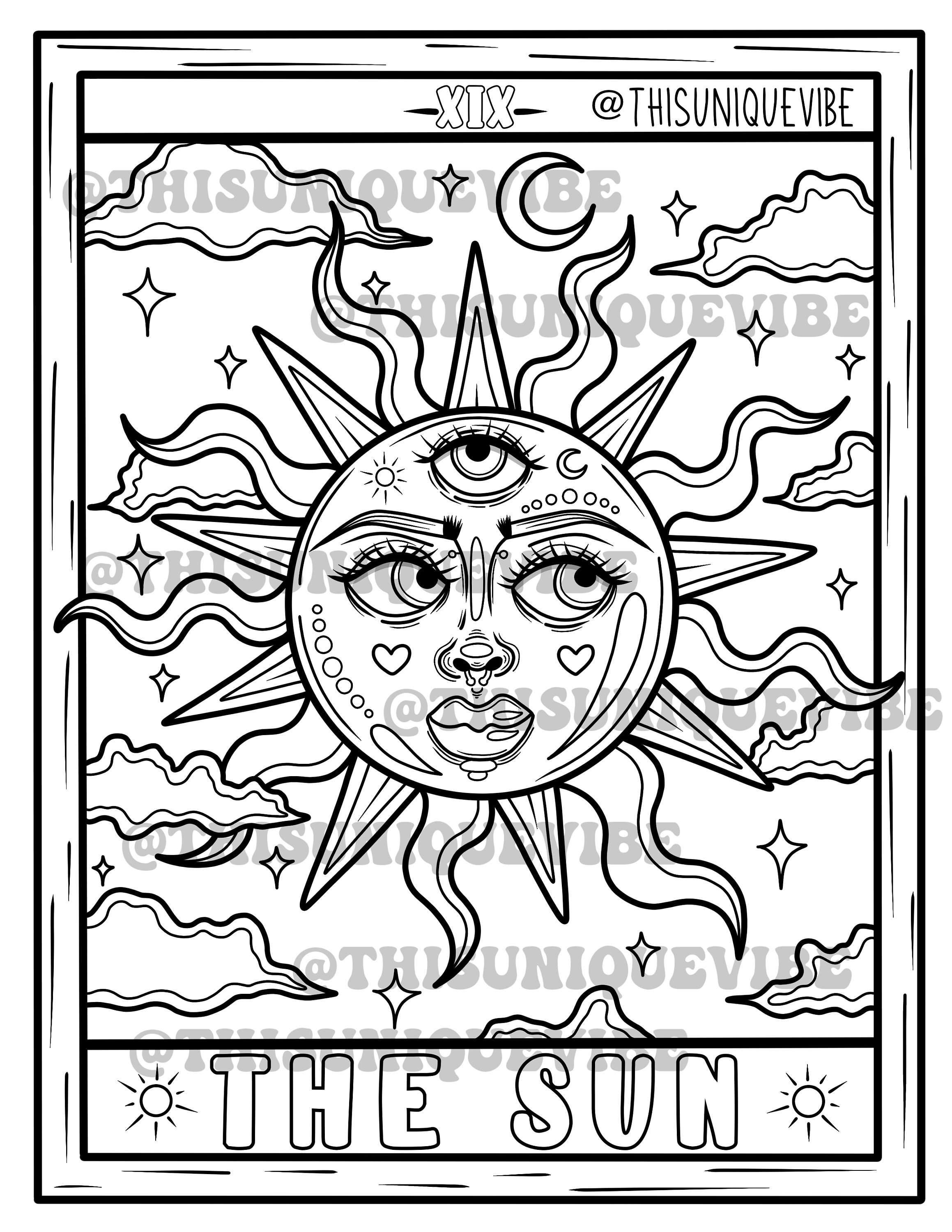The sun tarot coloring page printable adult coloring page coloring book trippy coloring page trippy art hippie coloring page download now