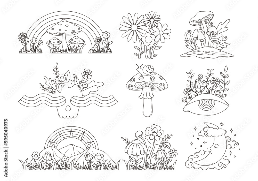 Set of contour groovy elements in s and s style vintage hippie flowers mushrooms rainbow sun moon eye psychedelic seventies coloring page vector graphic design vector