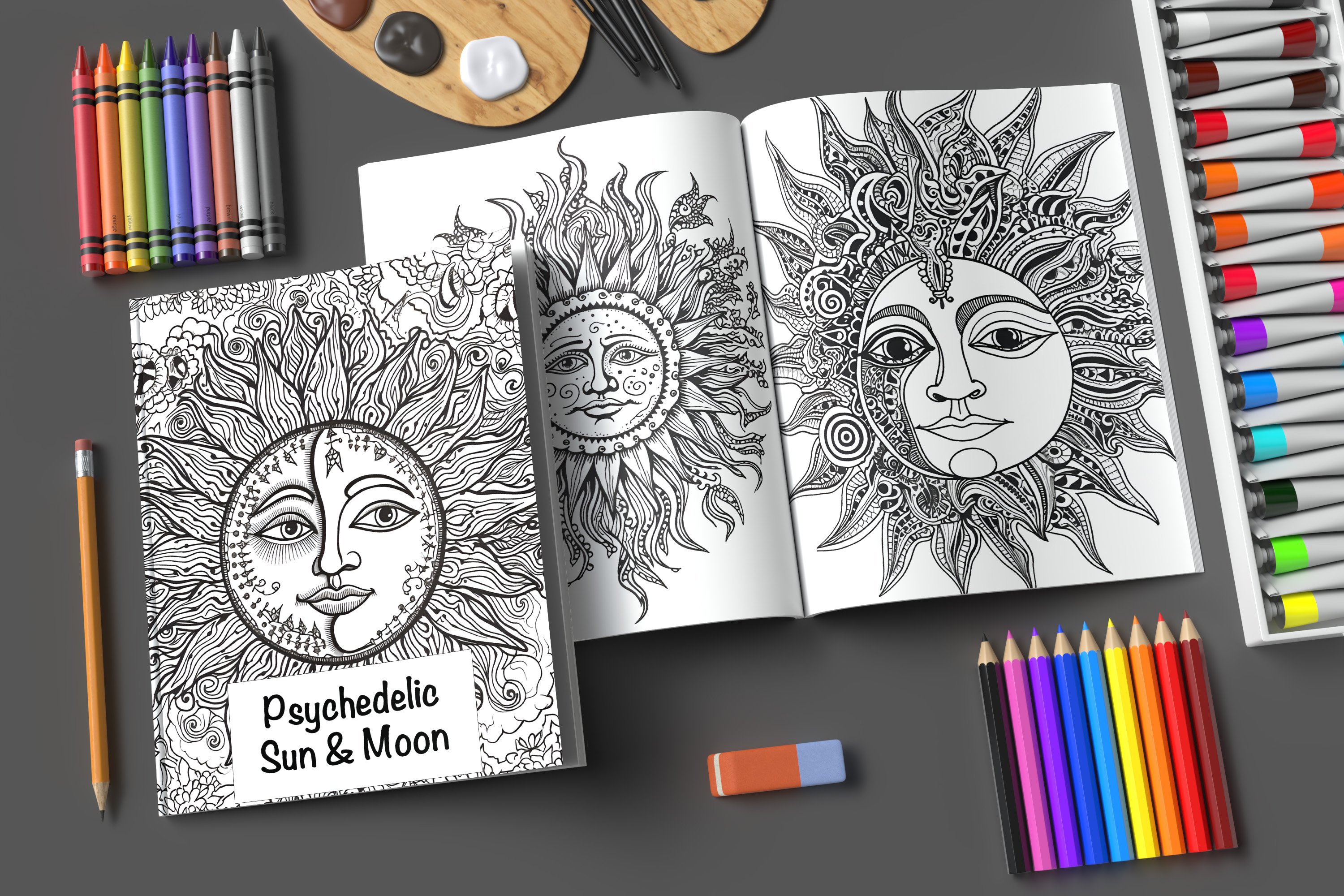 Coloring page for adults psychedelic sun moon
